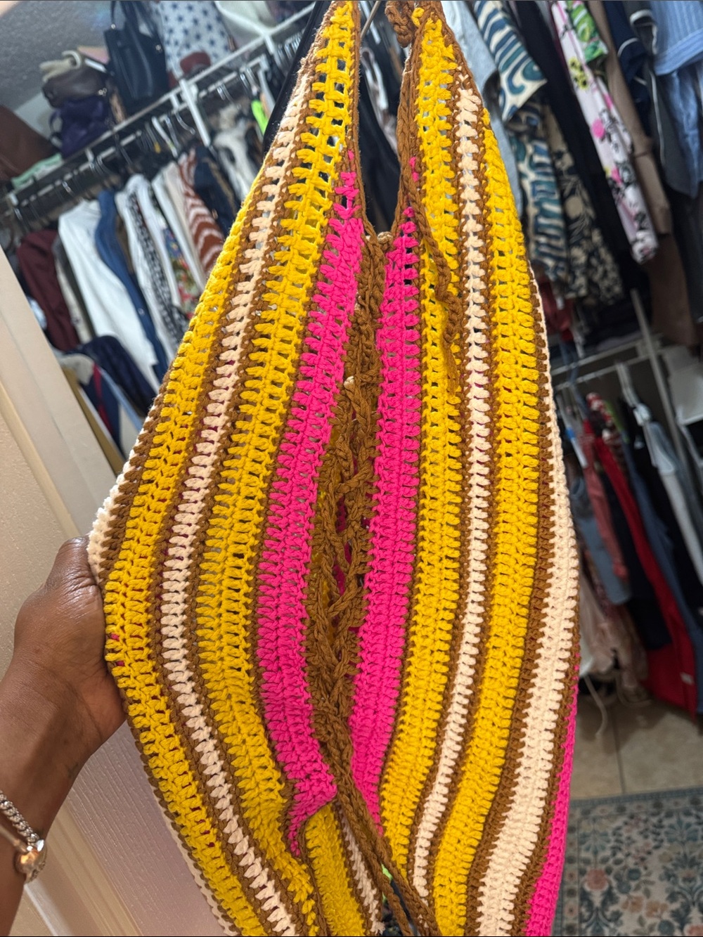 Crochet Striped One-Piece Bikini in Pink, Yellow & Brown - Picture 3 of 3